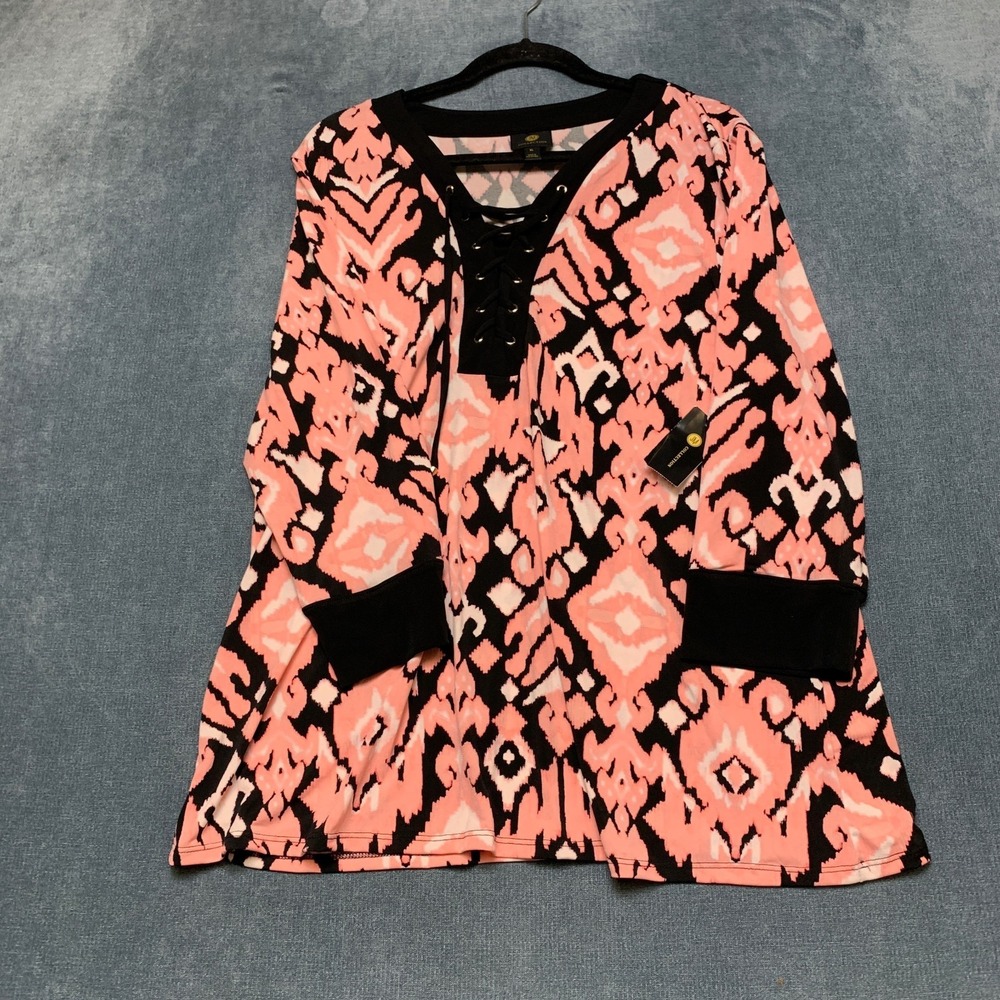JM Collection Blouse Top Womens XL Peach Berry Printed 3/4Sleeve Lace Up V-Neck